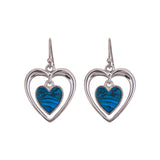 Paua Shell Heart within Heart Drop Earrings, Rhodium Plated