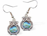 P561 - Paua Shell Little Owl Drop Earrings, Rhodium Plated