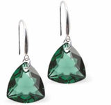 Austrian Crystal Multi Faceted Triangular, Trilliant Cut Drop Earrings in Emerald Green