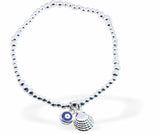 BR65 - Stretch Silver Coloured Bracelet With Mix Beads and and Devil's Eye with Shell Charms