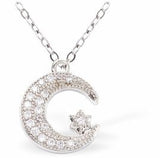 C015 - Silver Coloured Pave Crystal Moon  Necklace with Star