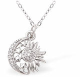 C017 - Silver Coloured Pave Crystal Moon and Sun  Necklace