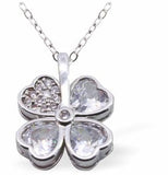 C047 - Silver Coloured Crystal Embellished Four Leaf Clover Necklace