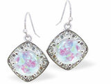 Crystal Framed Oblique Square Drop Earrings in Aurora Borealis, Rhodium Plated