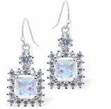 Crystal Framed Square Drop Earrings in Aurora Borealis, Rhodium Plated