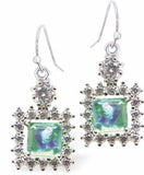 Crystal Framed Square Drop Earrings in Warm Green, Rhodium Plated