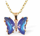 GP89 - Bermuda Blue Crystal Butterfly Necklace, Golden Titanium Steel with 18" Curb Chain