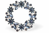 K720 - Navy Blue Ornate Wreath Brooch, Rhodium Plated