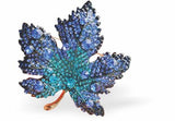 K725 - Sparkly, Beautiful Blue Leaf Brooch, Rhodium Plated