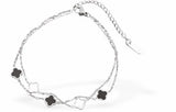 MP93 - Black and White Double Chain Four Leaf Clover Bracelet, Silver Coloured