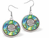 P553 - Paua Shell Circular Design  Drop Earrings, Rhodium Plated