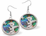 P554 - Paua Shell Circular Design with Praying Angel Inlay Drop Earrings, Rhodium Plated