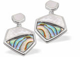 P555 - Paua Shell Hexagonal Drop Earrings, Rhodium Plated