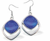 P560 - Paua Shell Rhombus Design Drop Earrings, Rhodium Plated