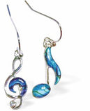 P562 - Paua Shell Quaver and Treble Clef Drop Earrings, Rhodium Plated