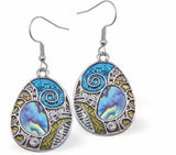 P563 - Paua Shell Aztec Design Drop Earrings, Rhodium Plated