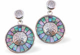 P564 - Paua Shell Circular Design with Embellishment Drop Earrings, Rhodium Plated