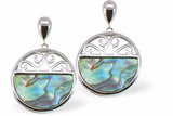 P565 - Paua Shell Filligree Round Drop/Stud Earrings, Rhodium Plated