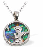 P758 - Paua Shell Circular Necklace with Praying Angel Inlay, Rhodium Plated