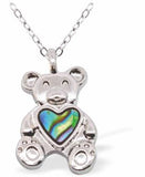 P759 - Paua Shell Teddy with Heart Necklace, Rhodium Plated