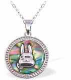 P763 - Paua Shell Circular Necklace with Monocled Bunny, Rhodium Plated