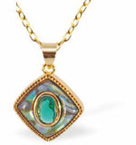 PA40 - Paua Shell Oblique with Stone Necklace, Rhodium Plated, Golden Framed/Chain