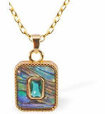 PA42 - Paua Shell Rectangle with Stone Necklace, Rhodium Plated, Golden Framed/Chain