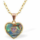 PA43 - Paua Shell Heart in Heart with Stone Necklace, Rhodium Plated, Golden Framed/Chain