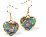 PA44 - Paua Shell Heart in Heart with Stone Drop Earrings, Rhodium Plated, Golden Framed/Chain