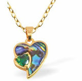 PA45 - Paua Shell Devoted Heart with Stone Necklace, Rhodium Plated, Golden Framed/Chain