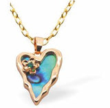 PA46 - Paua Shell Wild Heart Necklace, Rhodium Plated, Golden Framed/Chain