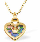 PA47 - Paua Shell Heart with Crown Necklace, Rhodium Plated, Golden Framed/Chain