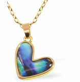 PA48 - Paua Shell Love Heart Necklace, Rhodium Plated, Golden Framed/Chain