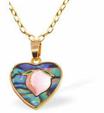 PA49 - Paua Shell Heart with Fruit Necklace, Rhodium Plated, Golden Framed/Chain