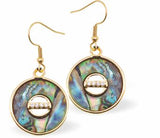 PA53 - Paua Shell Round Drop Earrings, Rhodium Plated, Golden Framed