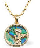 PA54 - Paua Shell Golden Angel in Prayer Necklace, Rhodium Plated, Golden Framed/Chain