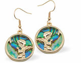 PA55 - Paua Shell Angel in Prayer Drop Earrings, Rhodium Plated, Golden Framed