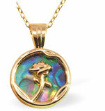 PA56 - Paua Shell Encircled Rose Necklace, Rhodium Plated, Golden Framed/Chain