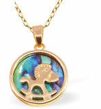 PA62 - Paua Shell Rocking Horse Necklace, Rhodium Plated, Golden Framed/Chain