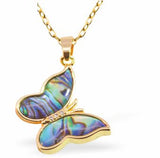 PA64 - Paua Shell Butterfly Necklace, Rhodium Plated, Golden Framed/Chain