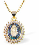 PA65 - Paua Shell Oval Necklace with Virgin Mary image, Rhodium Plated, Golden Framed/Chain