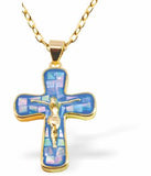 PA66 - Paua Shell Blue Crucifix Necklace, Rhodium Plated, Golden Framed/Chain