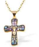 PA67 - Paua Shell Crucifix Necklace, Rhodium Plated, Golden Framed/Chain