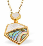 PA68 - Paua Shell Hexagonal Drop Necklace, Rhodium Plated, Golden Framed/Chain