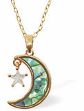 PA71 - Paua Shell Moon and Star Necklace, Rhodium Plated, Golden Framed/Chain