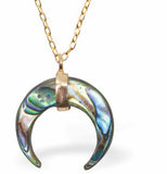 PA72 - Paua Shell Crescent Moon Necklace, Rhodium Plated, Golden Framed/Chain