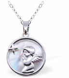 PF26 - Iridescent Circular Pendant with Angel in Prayer Embellishment, Silver Coloured