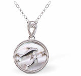 PF30 - Iridescent Circular Pendant with Playing Dolphins, Silver Coloured