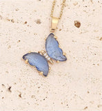 Light Azure Blue Crystal Butterfly Necklace, Golden Titanium Steel with 18