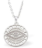 Silver Coloured Lucky Eye Necklace Hypo allergenic: Free from Lead, Nickel and Cadmium  19mm in size Colour: Silver Coloured, Rhodium Plated Chain: Choice of Stainless Steel Chain (18") or Sterling Silver Chain (18") Delivered in a soft, black, velveteen pouch